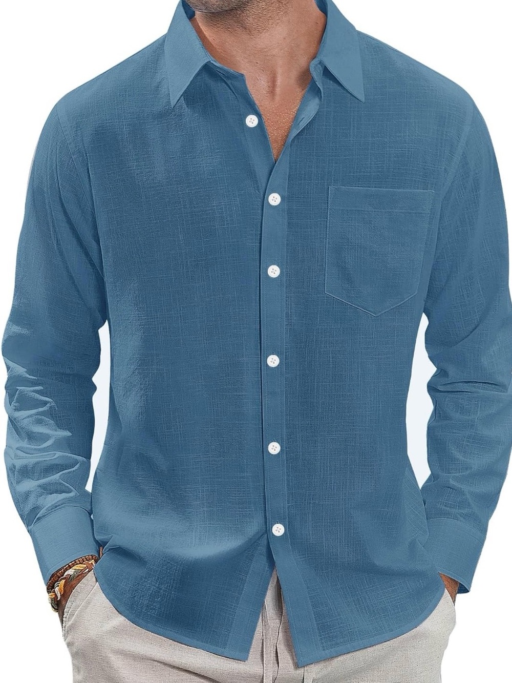 Men's Long-Sleeve Button-Down Shirt in Slate Blue Linen Blend